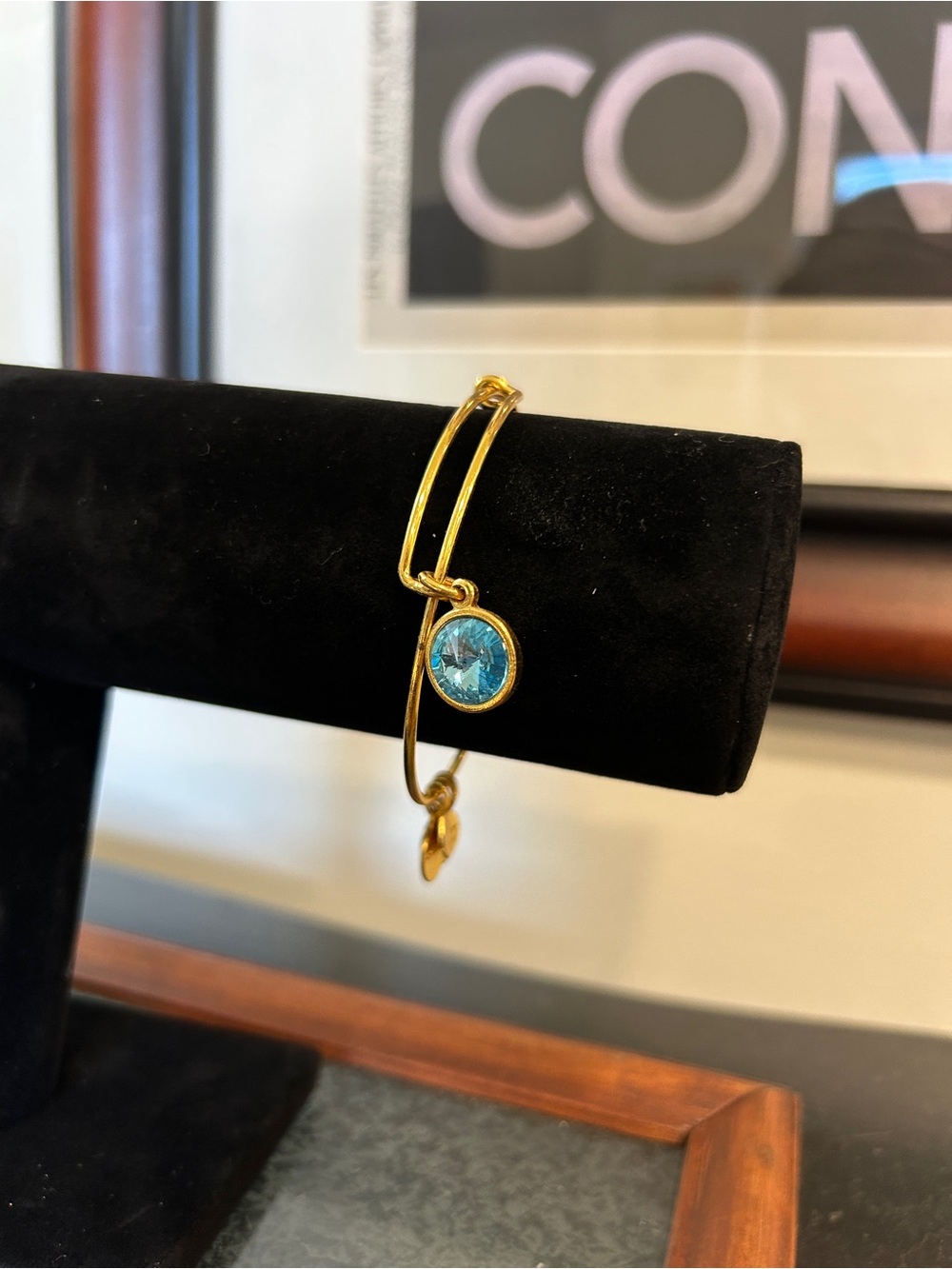 Alex and Ani Gold Bangle with Turquoise Blue Crystal Charm